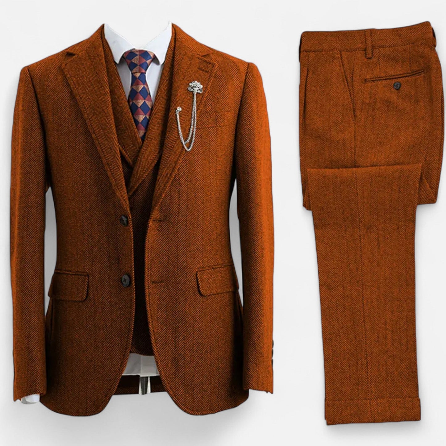 Echwear Men’s 3-Piece Tweed Herringbone Double-Breasted Suit