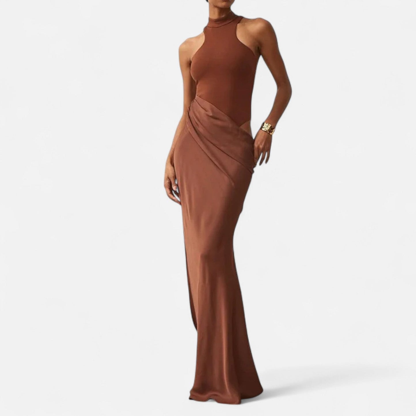 Echwear Women’s Satin Hollow-Out Maxi Dress – Silken Flow, Sculpted Allure