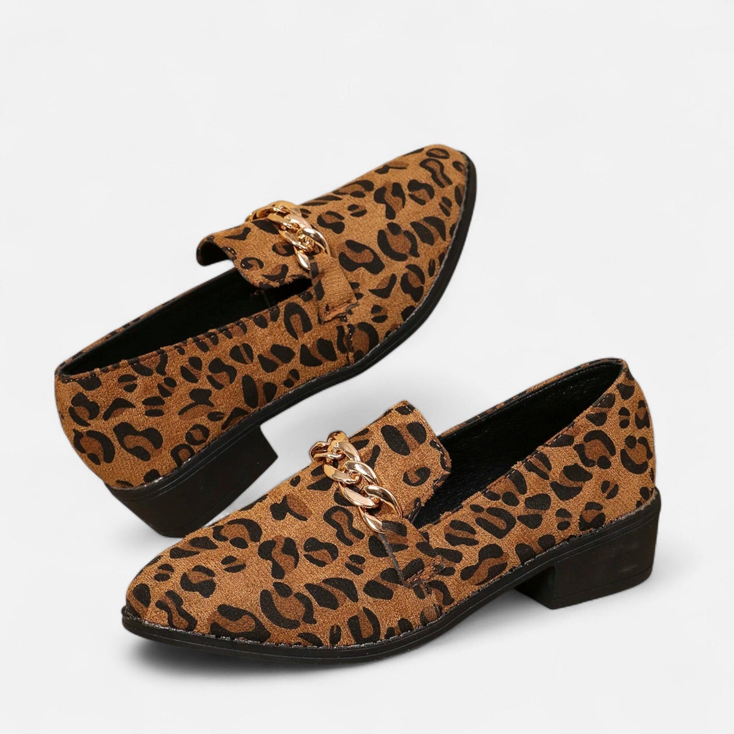 Echwear Women’s Suede Loafers – Leopard Print Mid-Heel