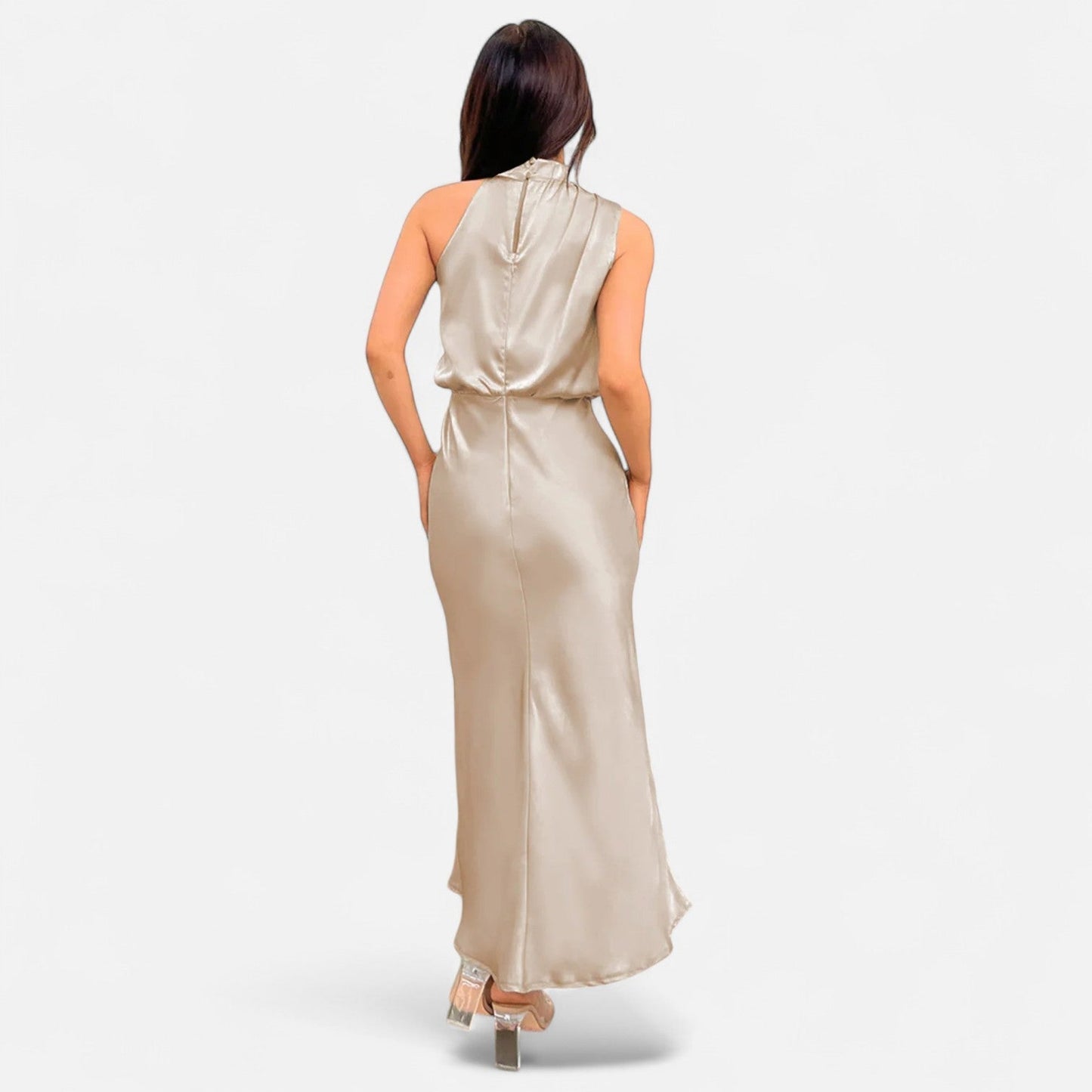 Echwear Women’s Satin Sleeveless Long Dress – Fluid Drape, Timeless Elegance