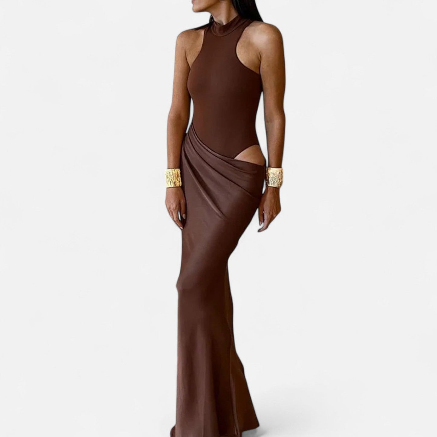 Echwear Women’s Satin Hollow-Out Maxi Dress – Silken Flow, Sculpted Allure
