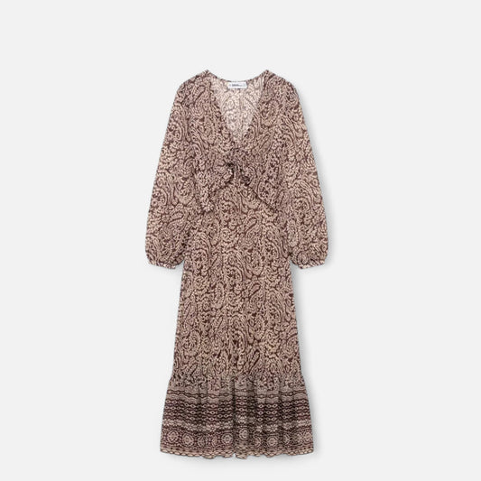 Echwear Women’s Printed Midi Dress – V-Neck Autumn Elegance