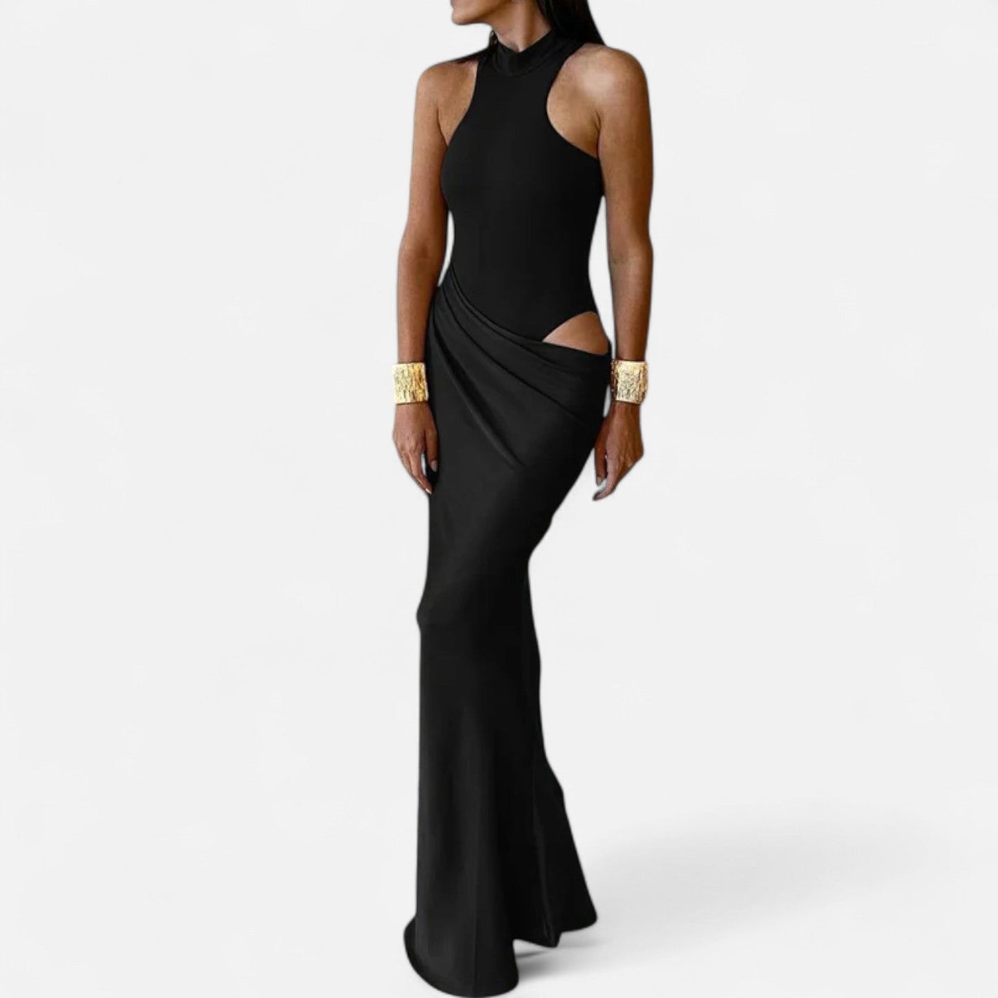 Echwear Women’s Satin Hollow-Out Maxi Dress – Silken Flow, Sculpted Allure