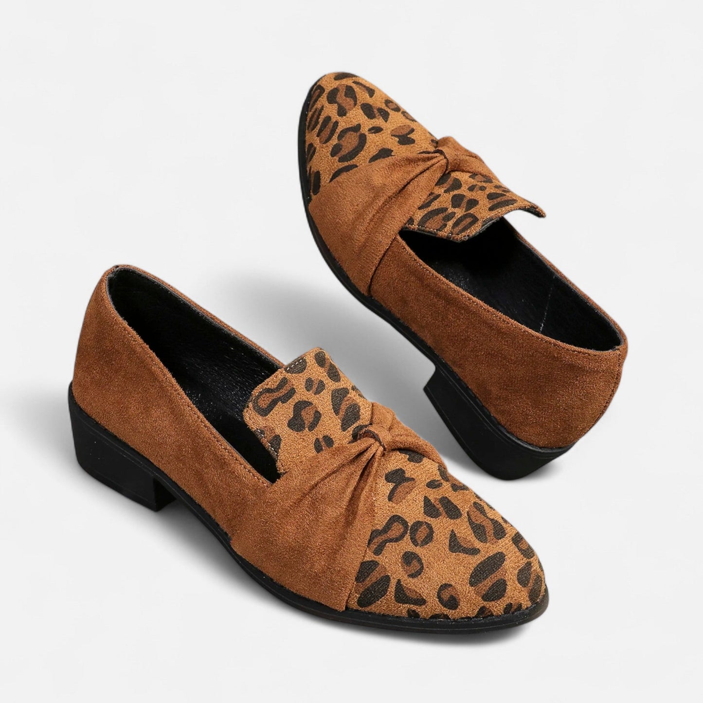 Echwear Women’s Suede Loafers – Leopard Print Mid-Heel