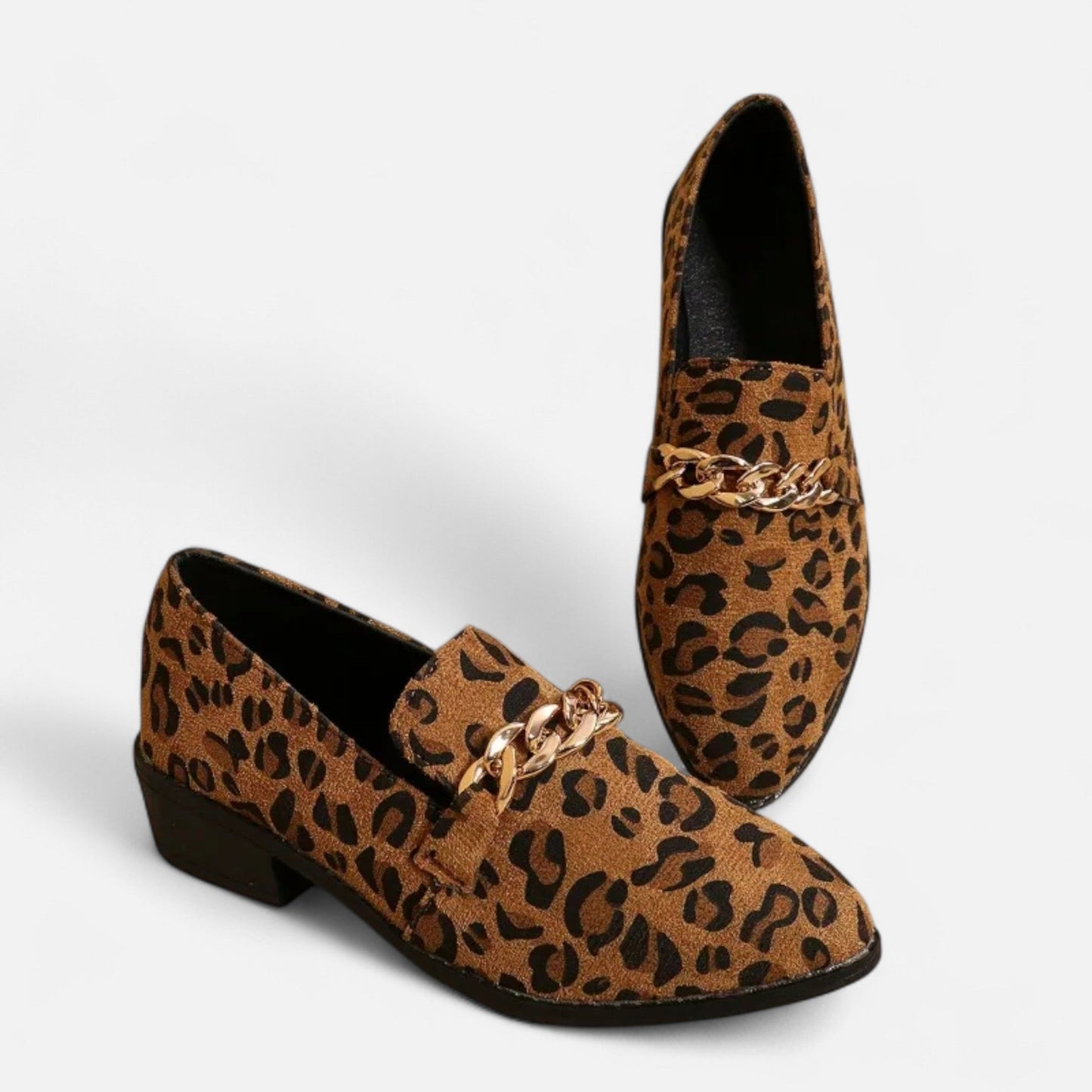 Echwear Women’s Suede Loafers – Leopard Print Mid-Heel