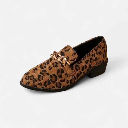 Echwear Women’s Suede Loafers – Leopard Print Mid-Heel