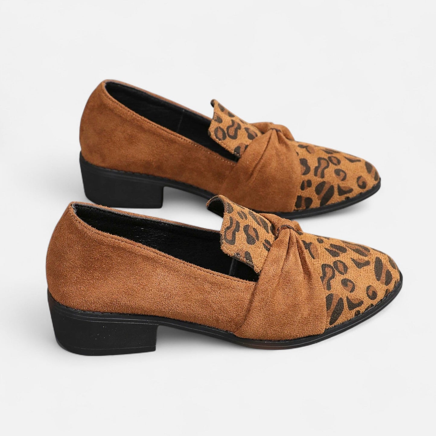 Echwear Women’s Suede Loafers – Leopard Print Mid-Heel