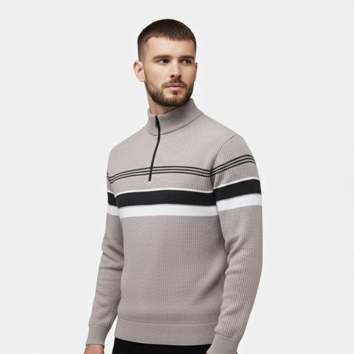 Echwear Men’s Thick Half-Zip Striped Knit Sweater