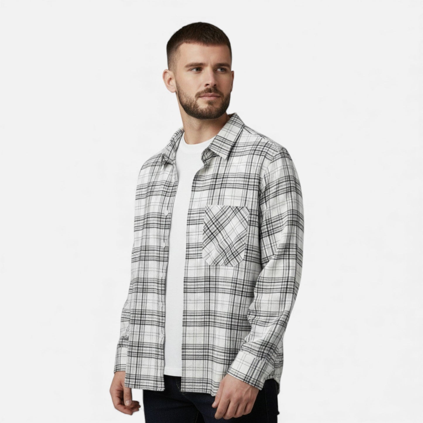 Echwear Men’s Plaid Long-Sleeve Loose Shirt with Pocket