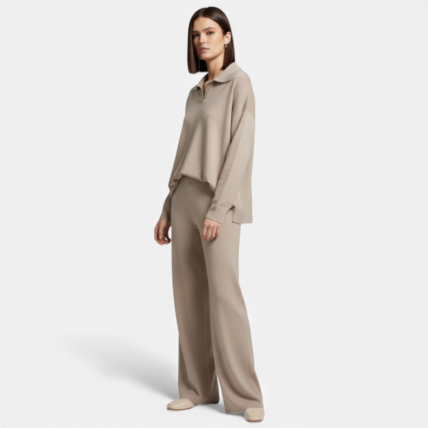 Echwear Women’s Cashmere-Feel Polo Lounge Set with Elegant Knit Detail