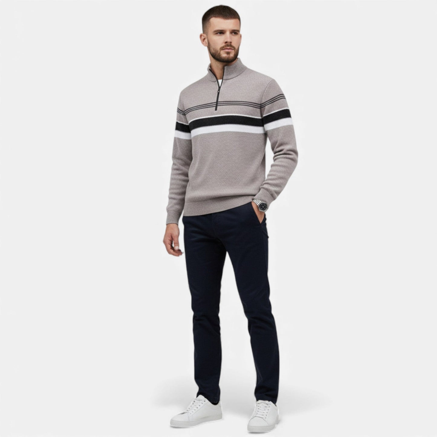 Echwear Men’s Thick Half-Zip Striped Knit Sweater