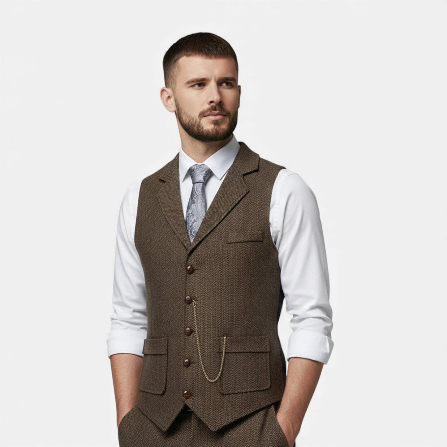 Echwear Men’s Vintage Tweed Suit Vest with Lapel Chain