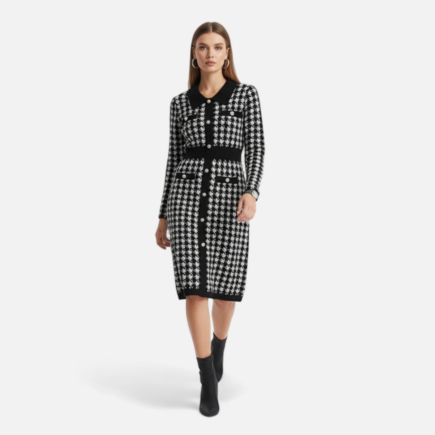 Echwear Women’s Pencil Sheath Dress in Black & White Houndstooth