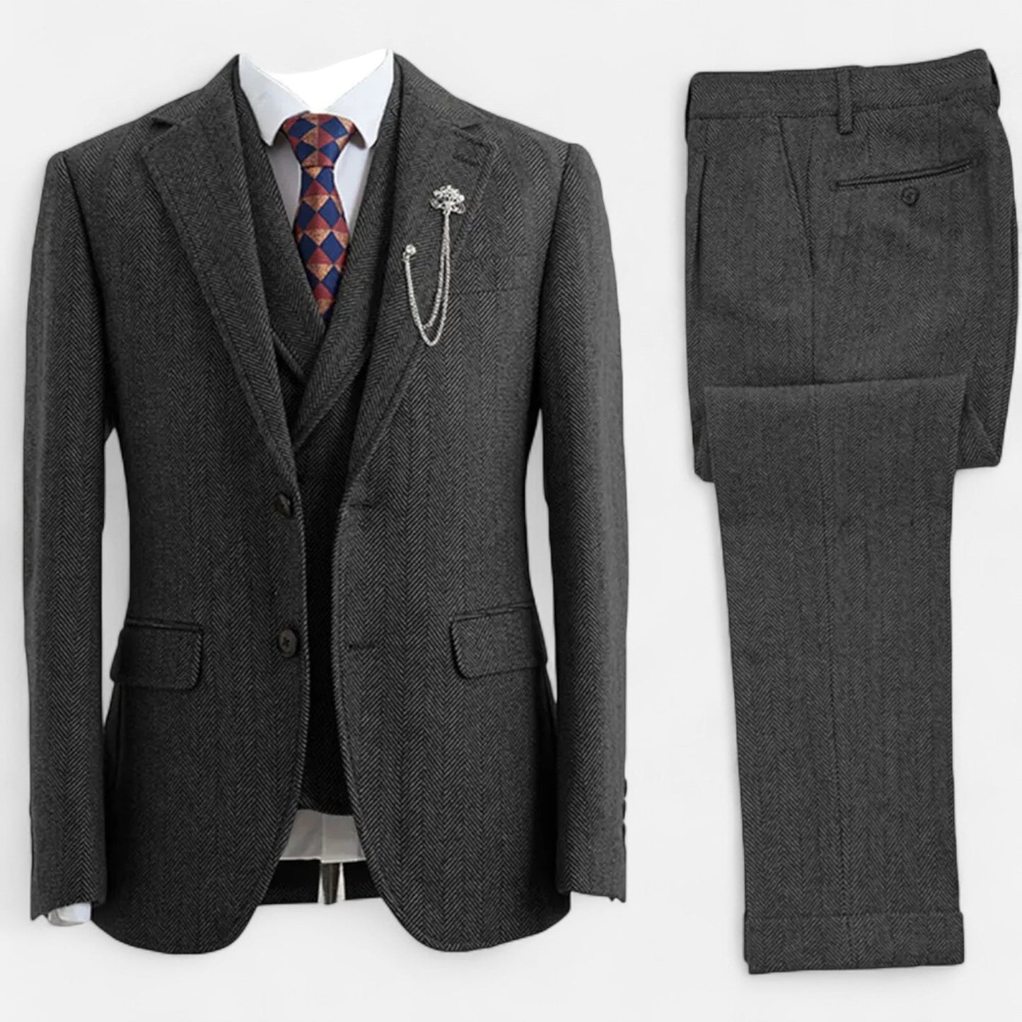 Echwear Men’s 3-Piece Tweed Herringbone Double-Breasted Suit