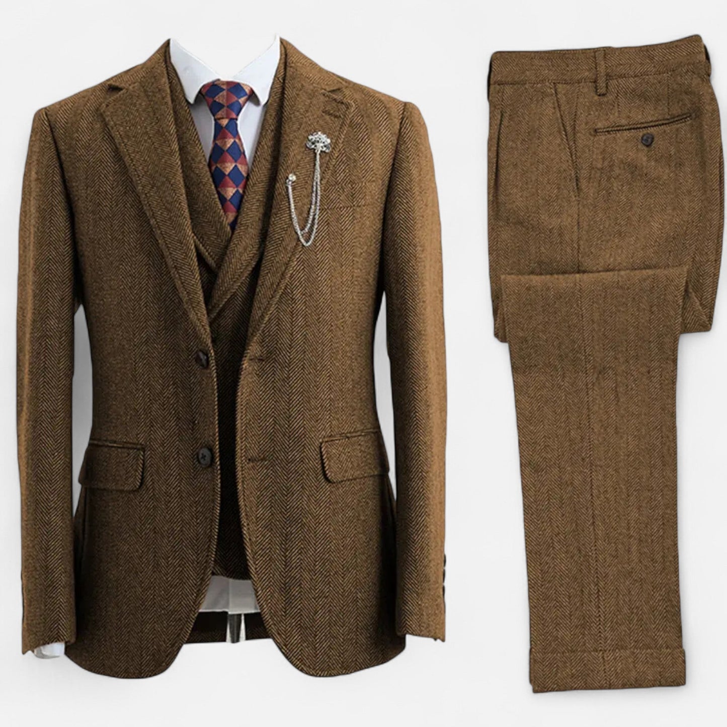 Echwear Men’s 3-Piece Tweed Herringbone Double-Breasted Suit