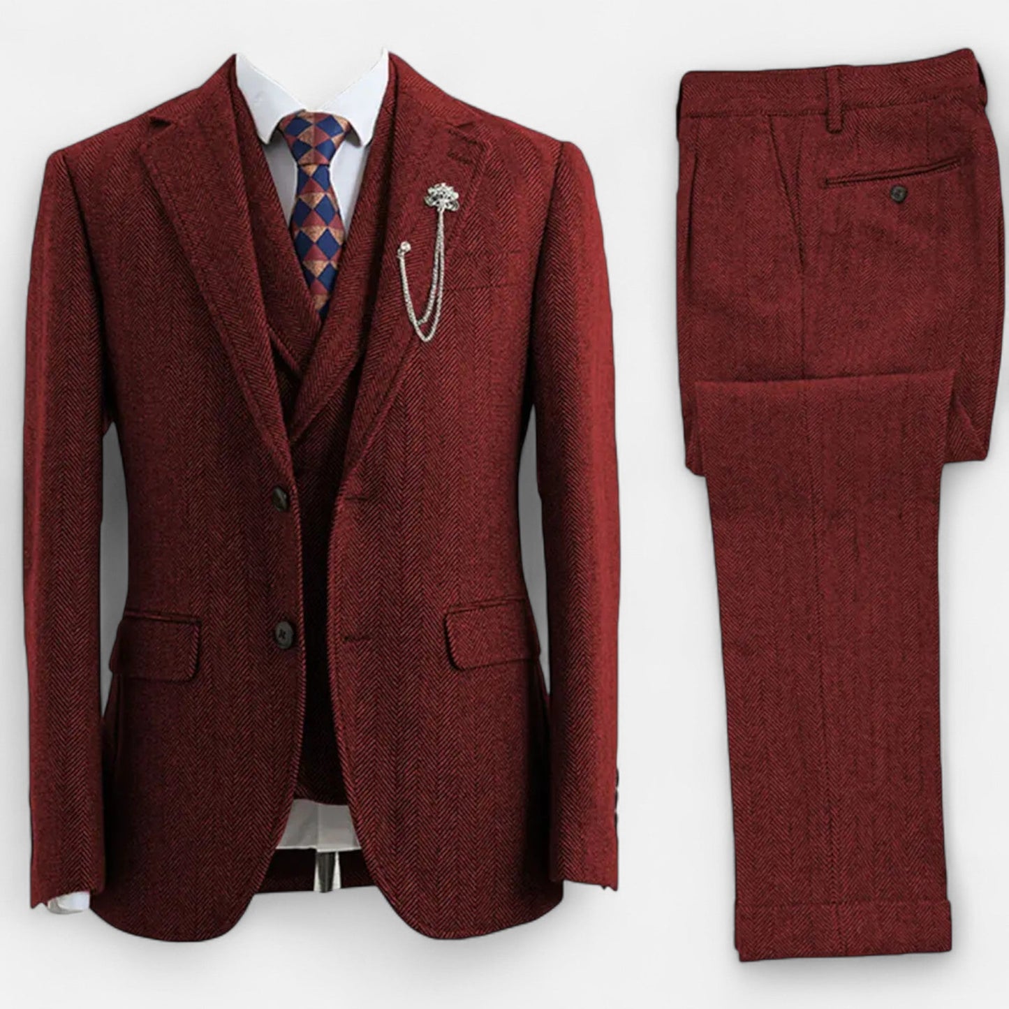 Echwear Men’s 3-Piece Tweed Herringbone Double-Breasted Suit