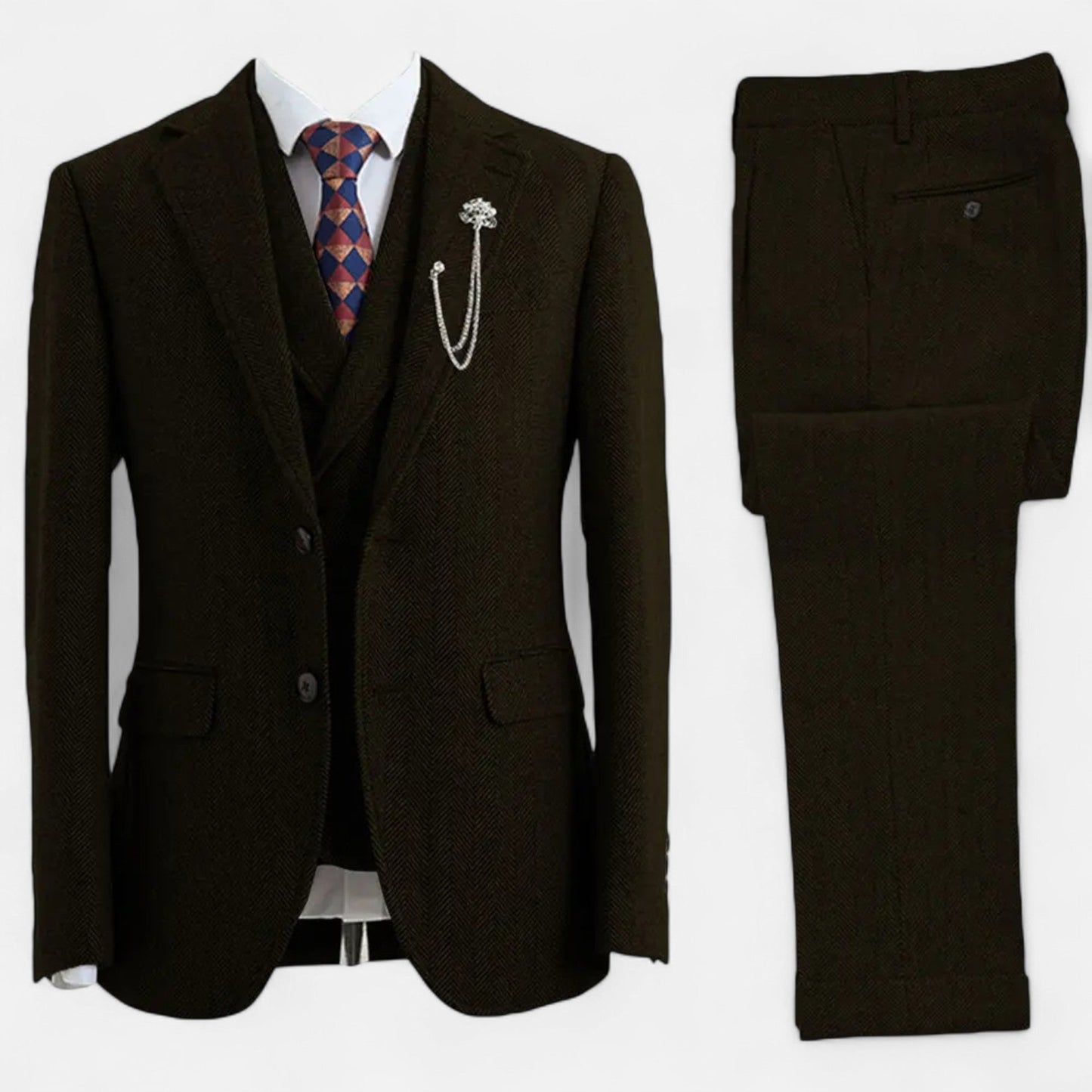 Echwear Men’s 3-Piece Tweed Herringbone Double-Breasted Suit
