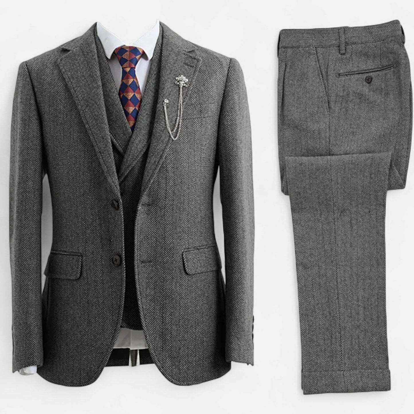 Echwear Men’s 3-Piece Tweed Herringbone Double-Breasted Suit