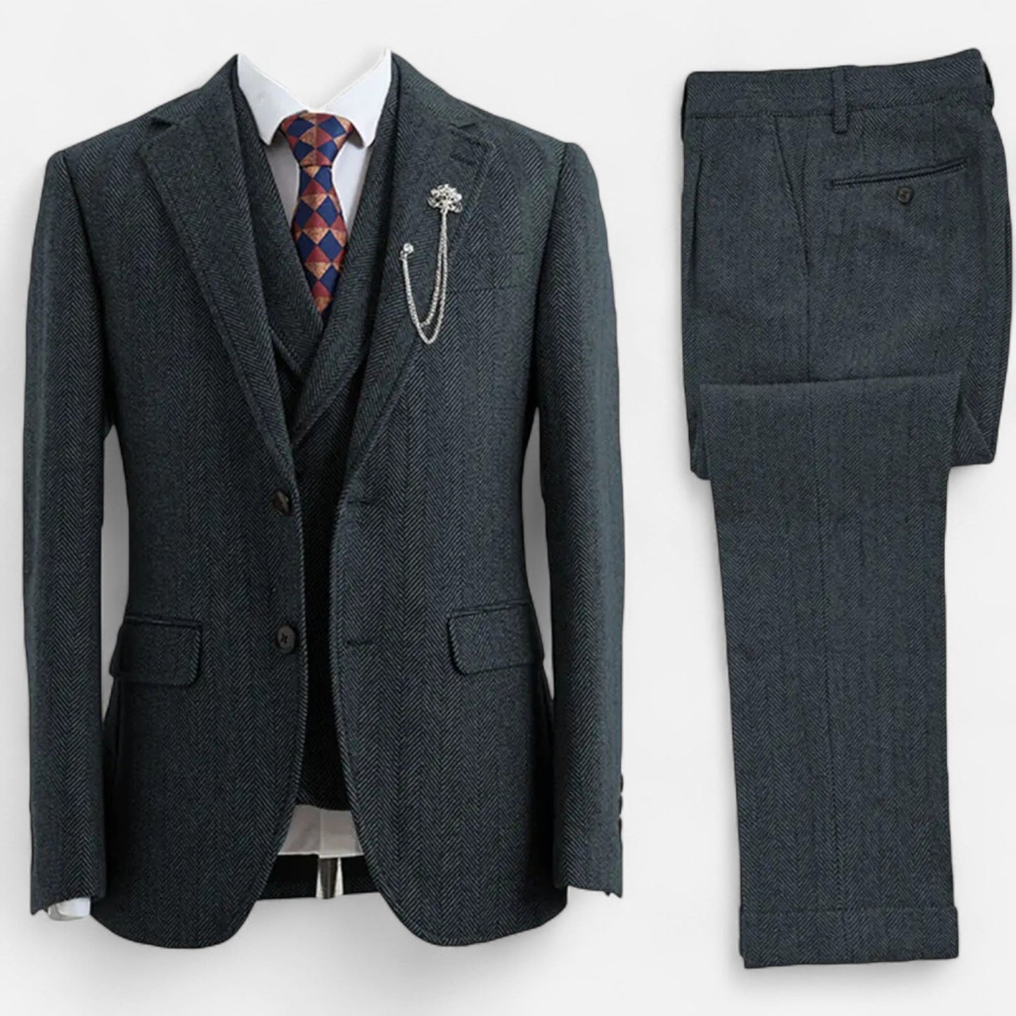 Echwear Men’s 3-Piece Tweed Herringbone Double-Breasted Suit