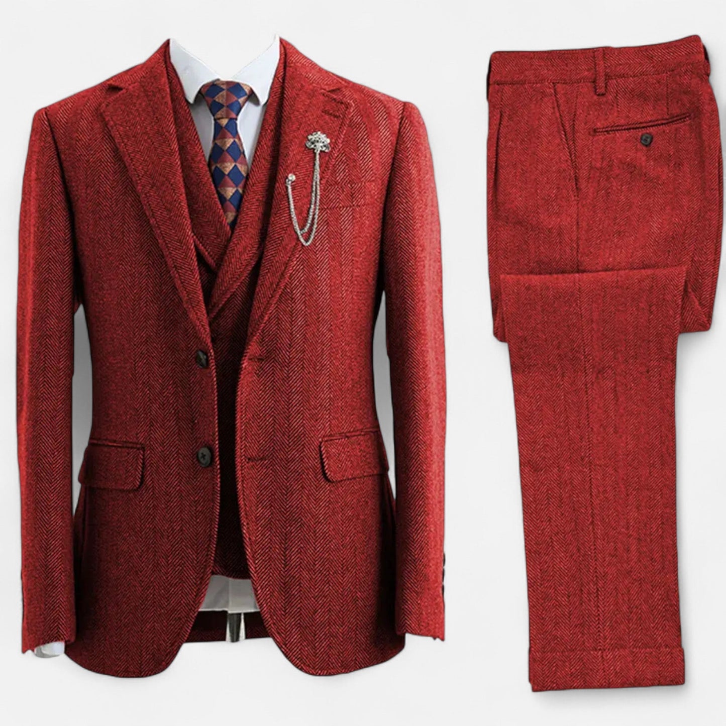 Echwear Men’s 3-Piece Tweed Herringbone Double-Breasted Suit