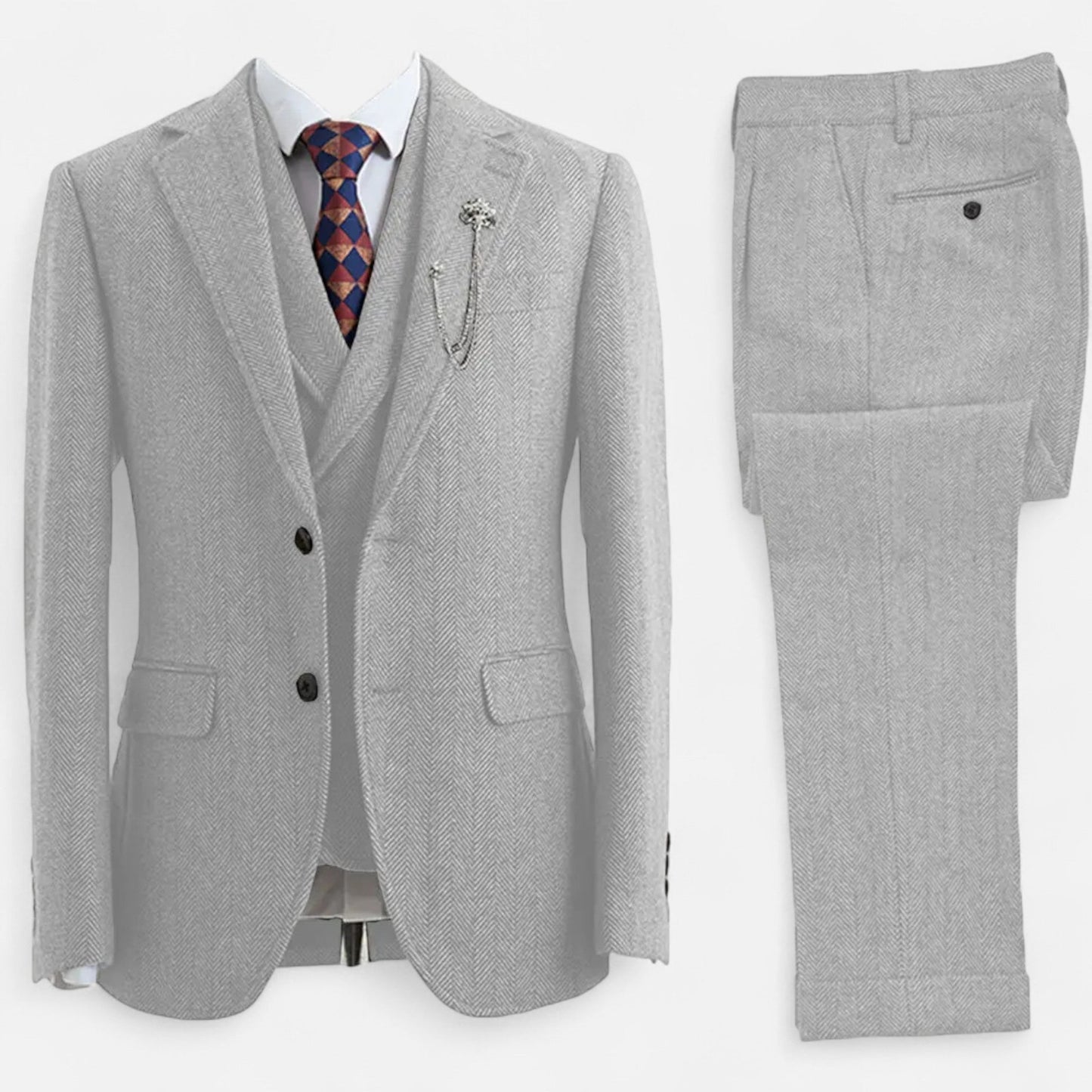 Echwear Men’s 3-Piece Tweed Herringbone Double-Breasted Suit